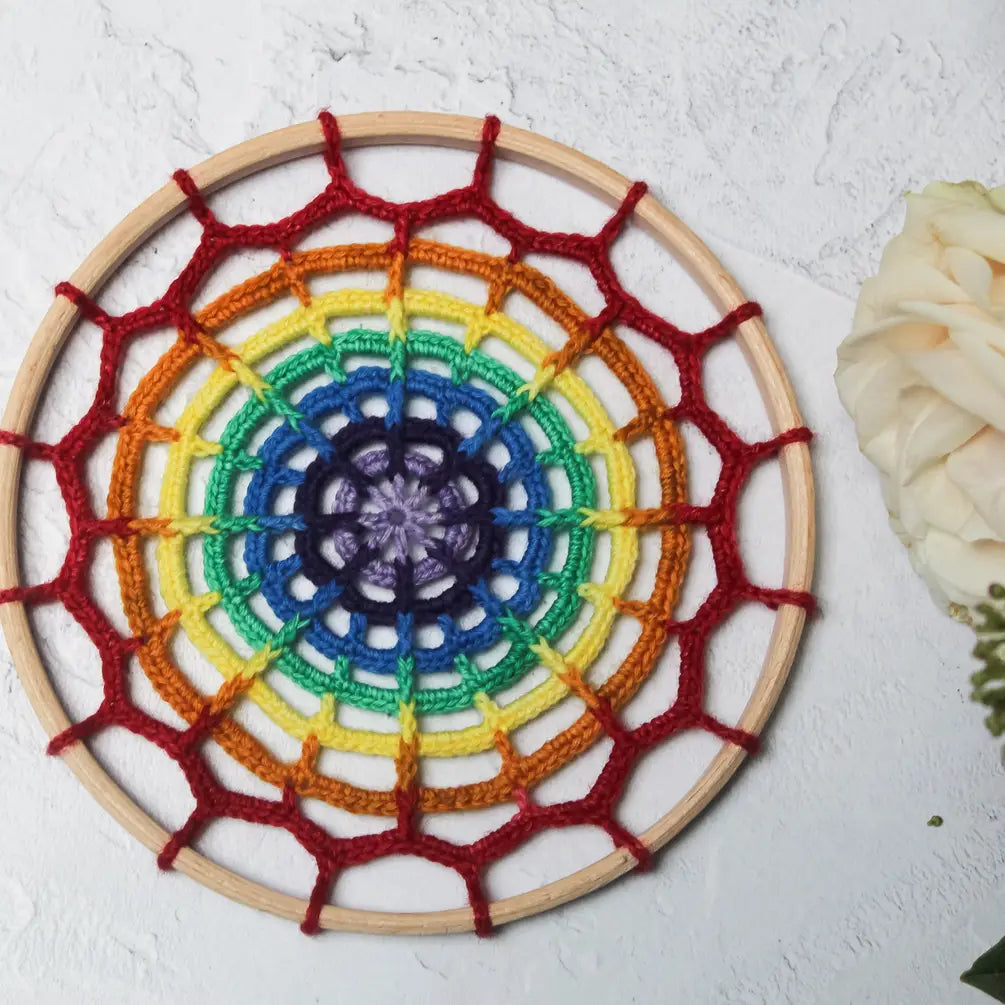 Rainbow Mandala will a white flower in the background