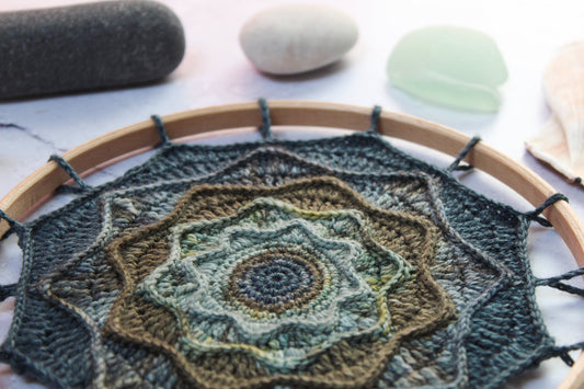 Rought Seas Mandala in blues and greens styled with seaglass and stones