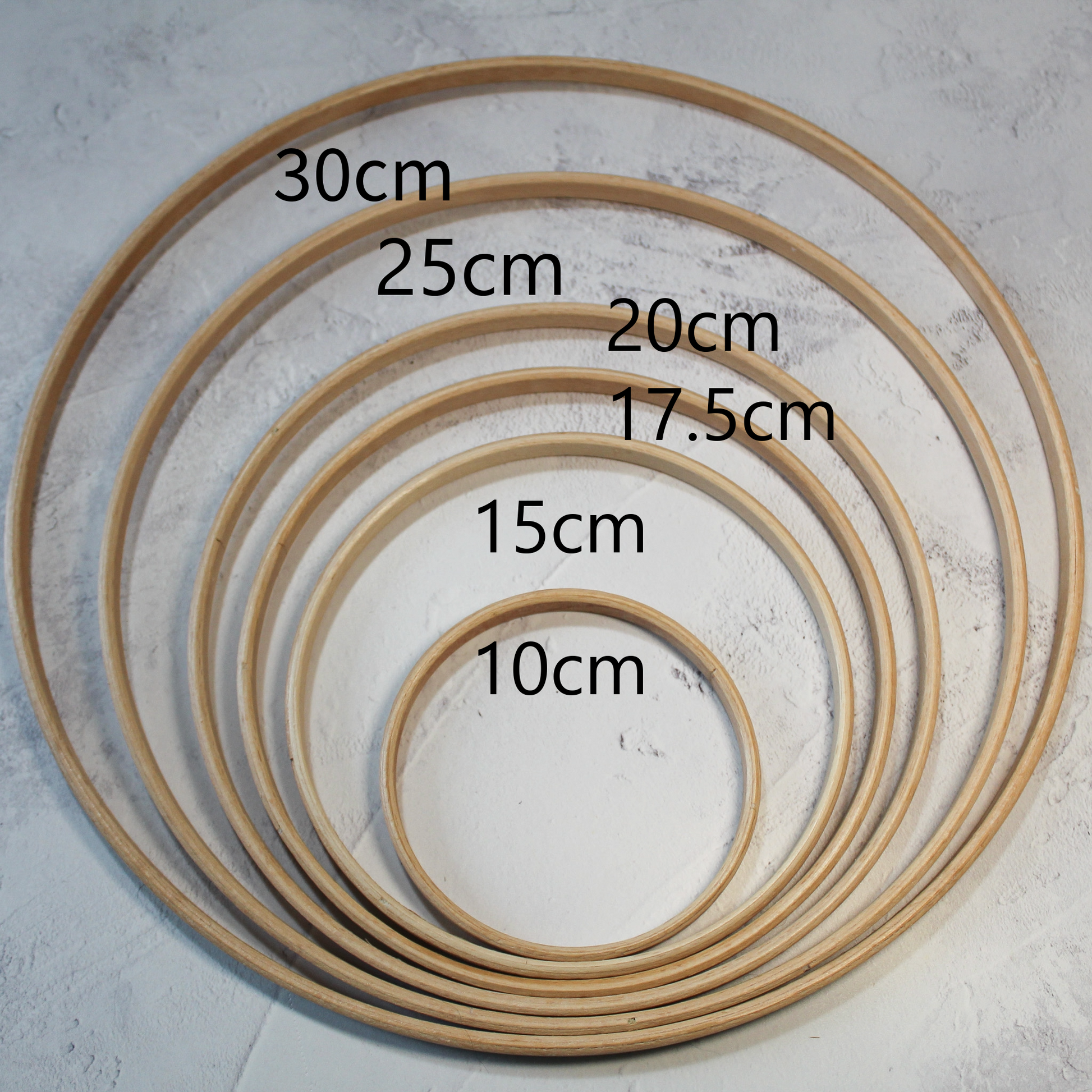 A selection of beech wooden rings from 10cm to 30cm in diameter for crochet, macrama or other craft.