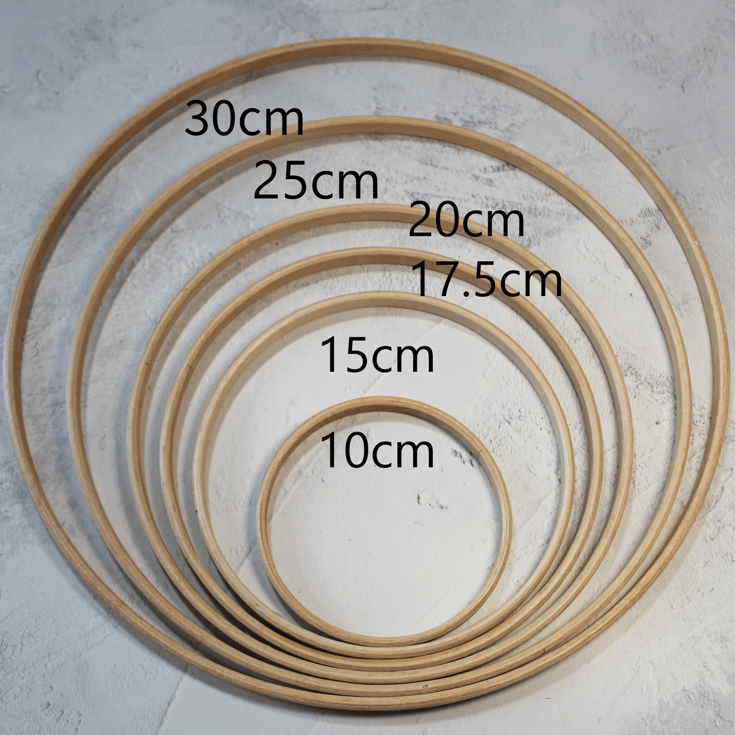 A selection of beech wooden rings from 10cm to 30cm in diameter for crochet, macrama or other craft.