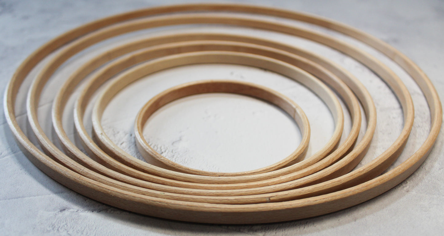 A selection of beech wooden rings from 10cm to 30cm in diameter for crochet, macrama or other craft.